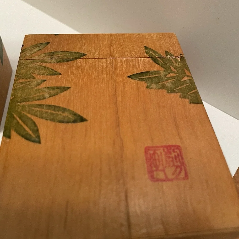 Vintage Chinese Wooden Nesting Boxes Set Of 3 Artist Sealed Bird & Floral Motif